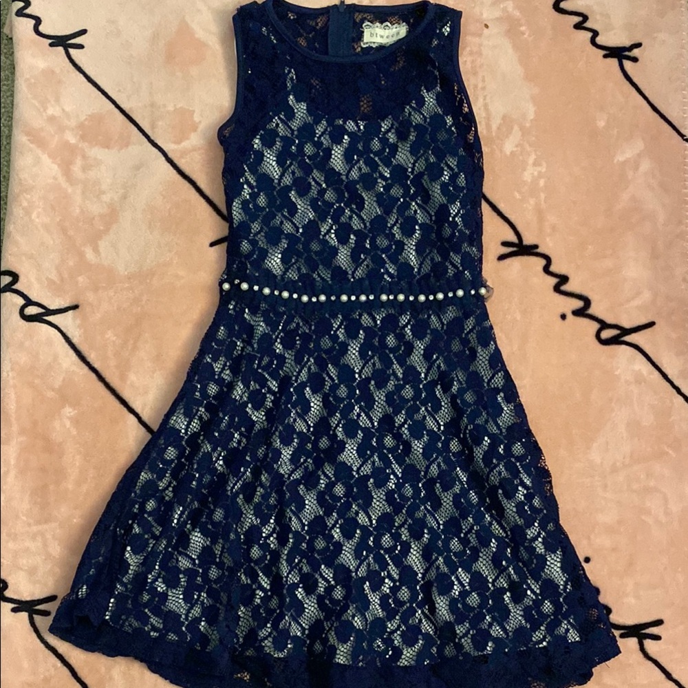 btween Navy Lace Kids Dress with Pearl Detail
